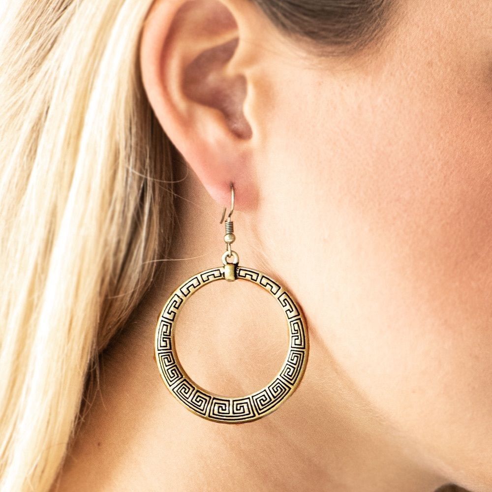 Bronze Aztec design circle earrings